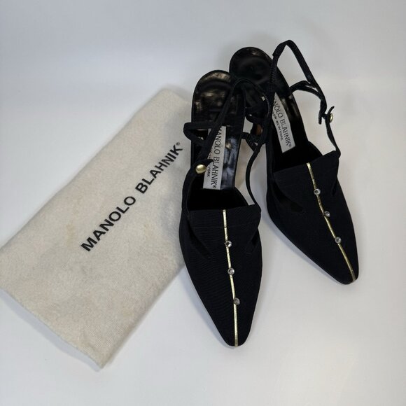 Vintage Manolo Blaknik Size 37 6 Heels Slingback Pointy Black Gold Fabric - Picture 1 of 16